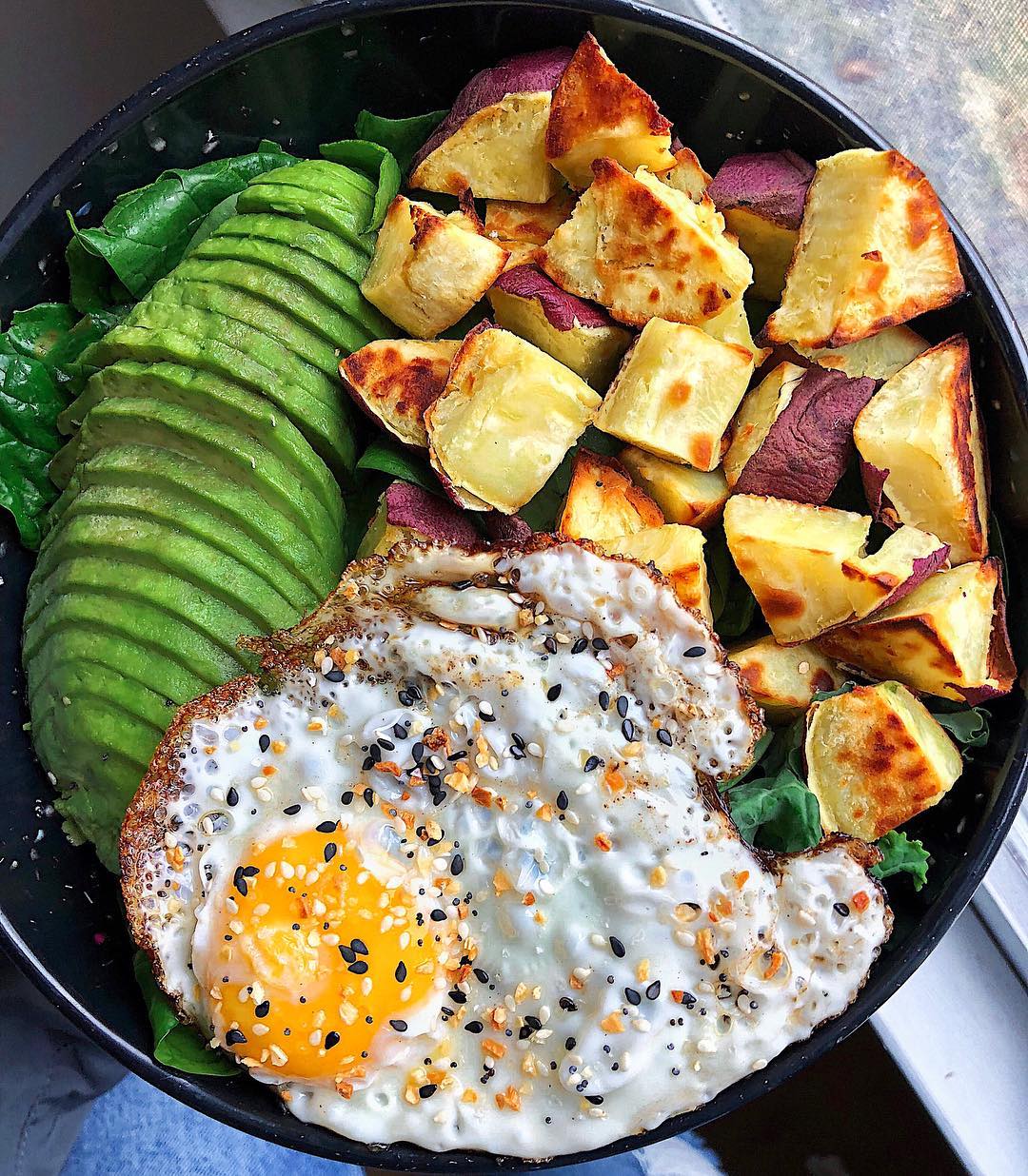 Simple Breakfast with Sweet Potatoes, Eggs, and Avocado