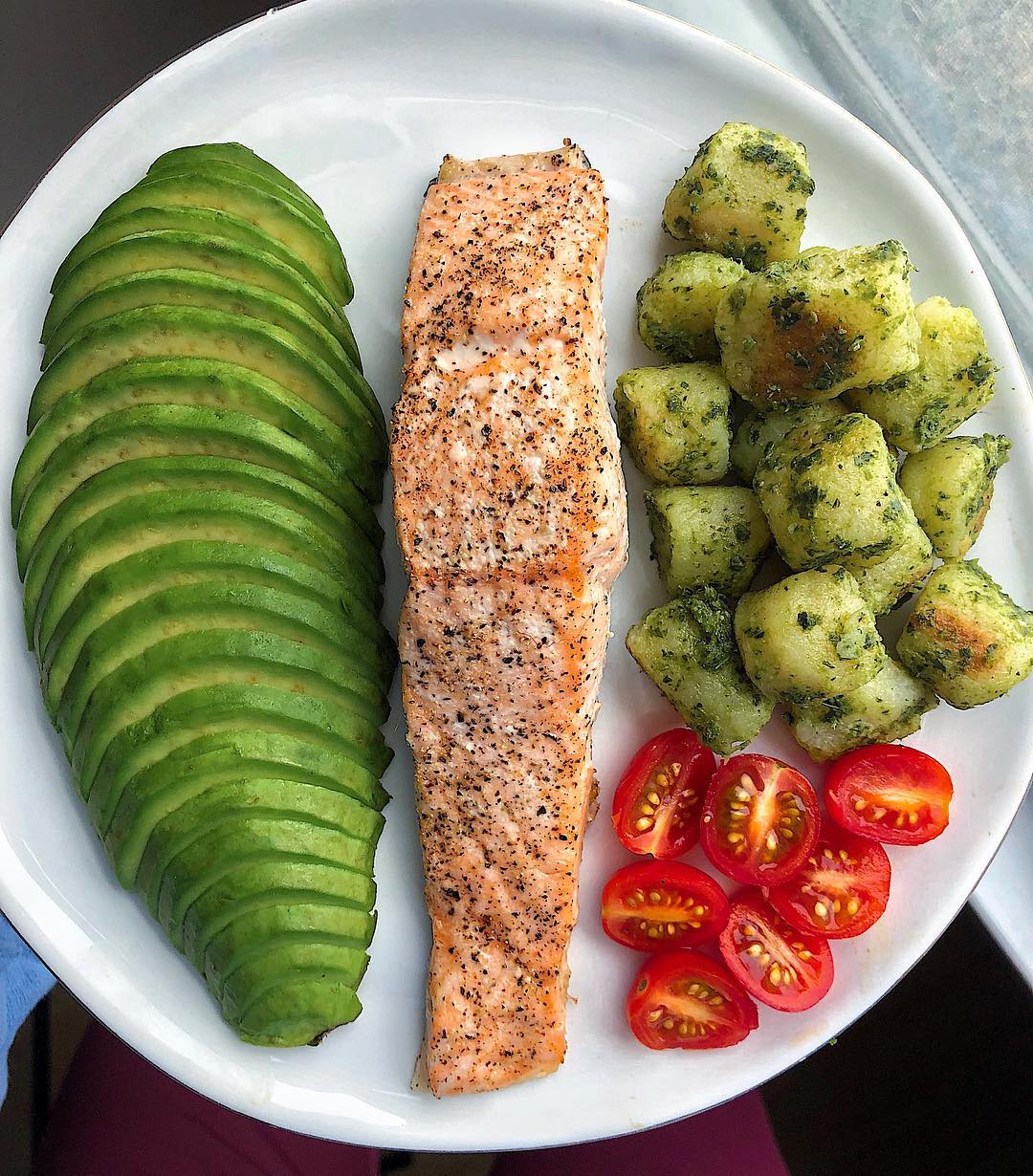Reheated Salmon with Avocado and Cauliflower Gnocchi