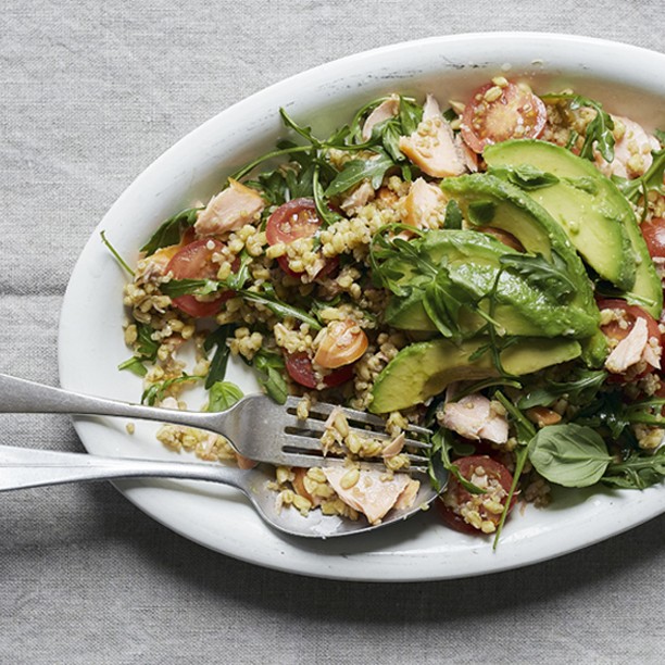 Pesto-ey Grain Bowl with Hot-Smoked Salmon