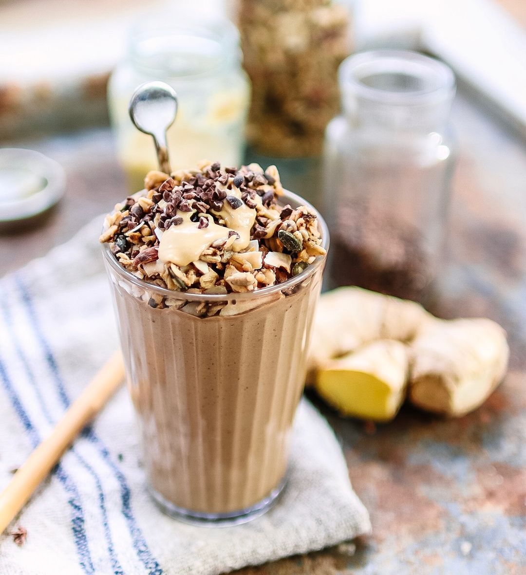 Avocado Ginger Smoothie with Cacao and Granola