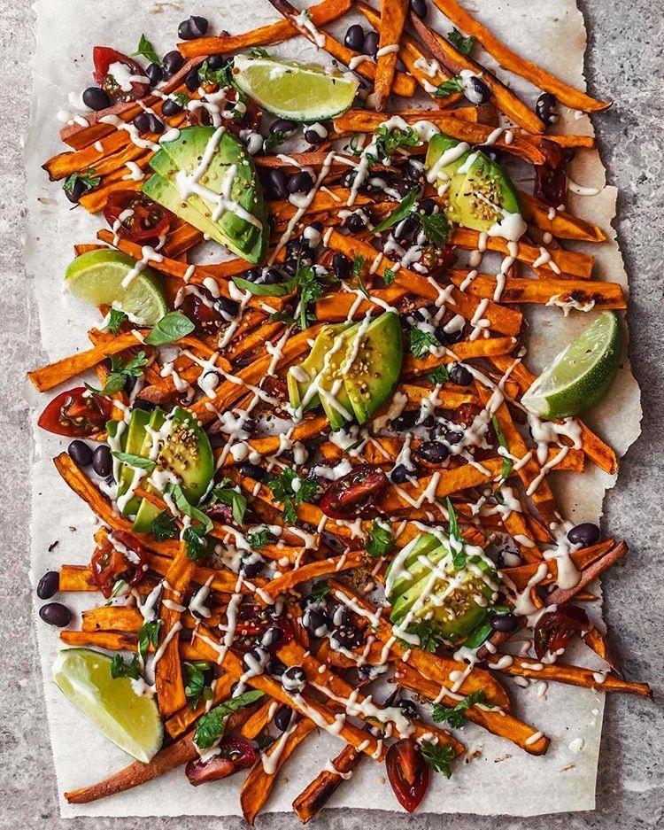 Loaded Sweet Potato Fries with Garlic Tahini Sauce and Avocado