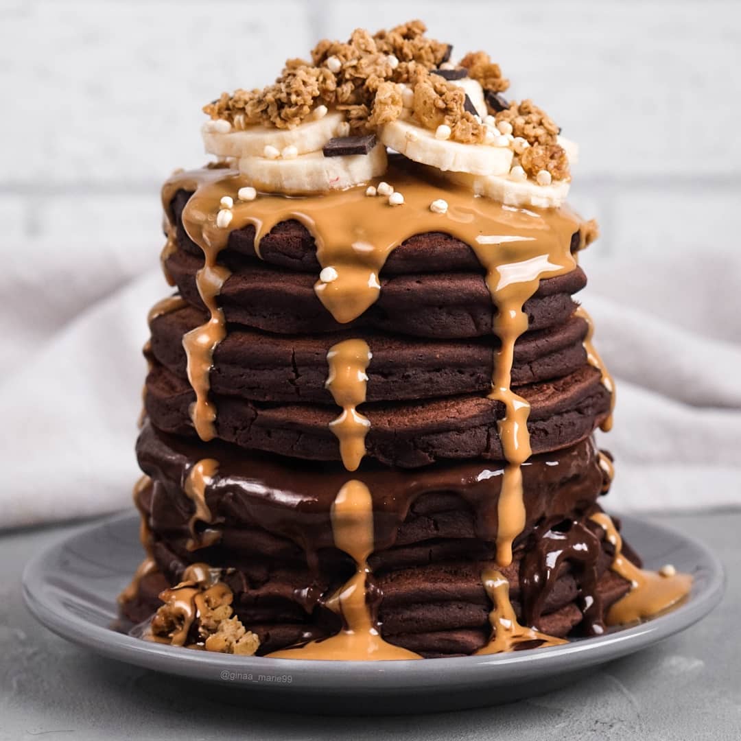 Fluffy Chocolate Protein Pancakes with Toppings