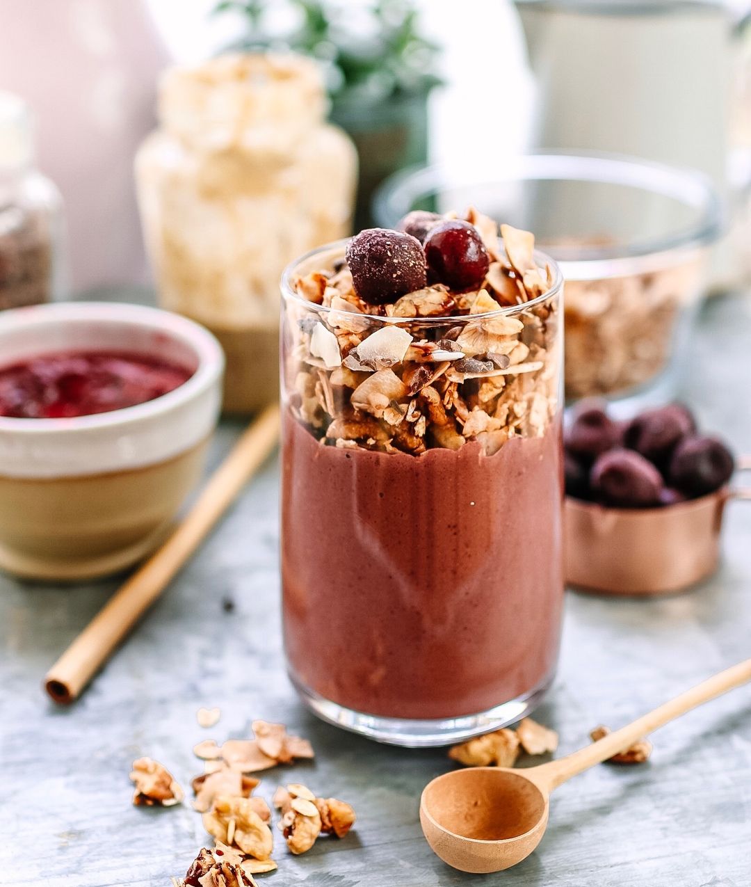 Dark Cherries Almond Butter Smoothie with Granola