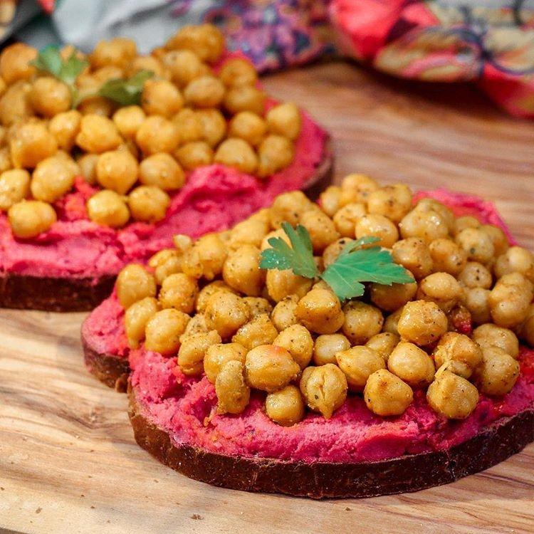 Beetroot Tahini Hummus with Crispy Spiced Chickpeas