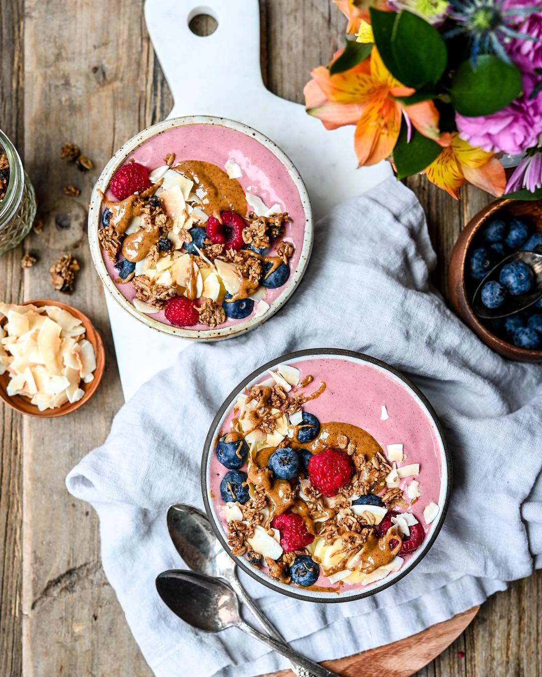 Energizing Strawberry Coconut Almond Butter Smoothie Bowl