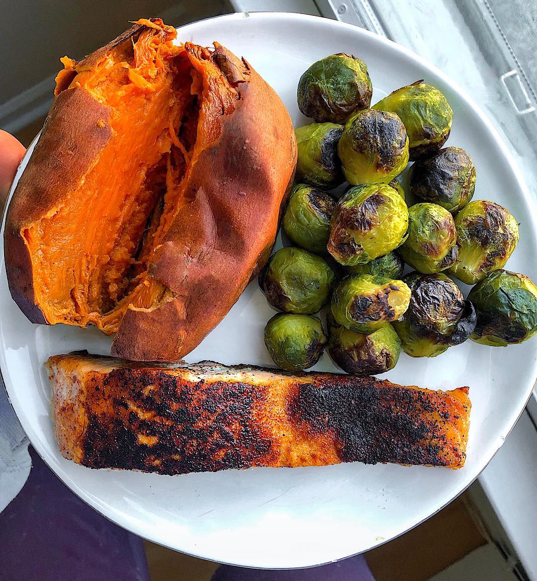 Baked Salmon with Sweet Potato and Crispy Brussels Sprouts