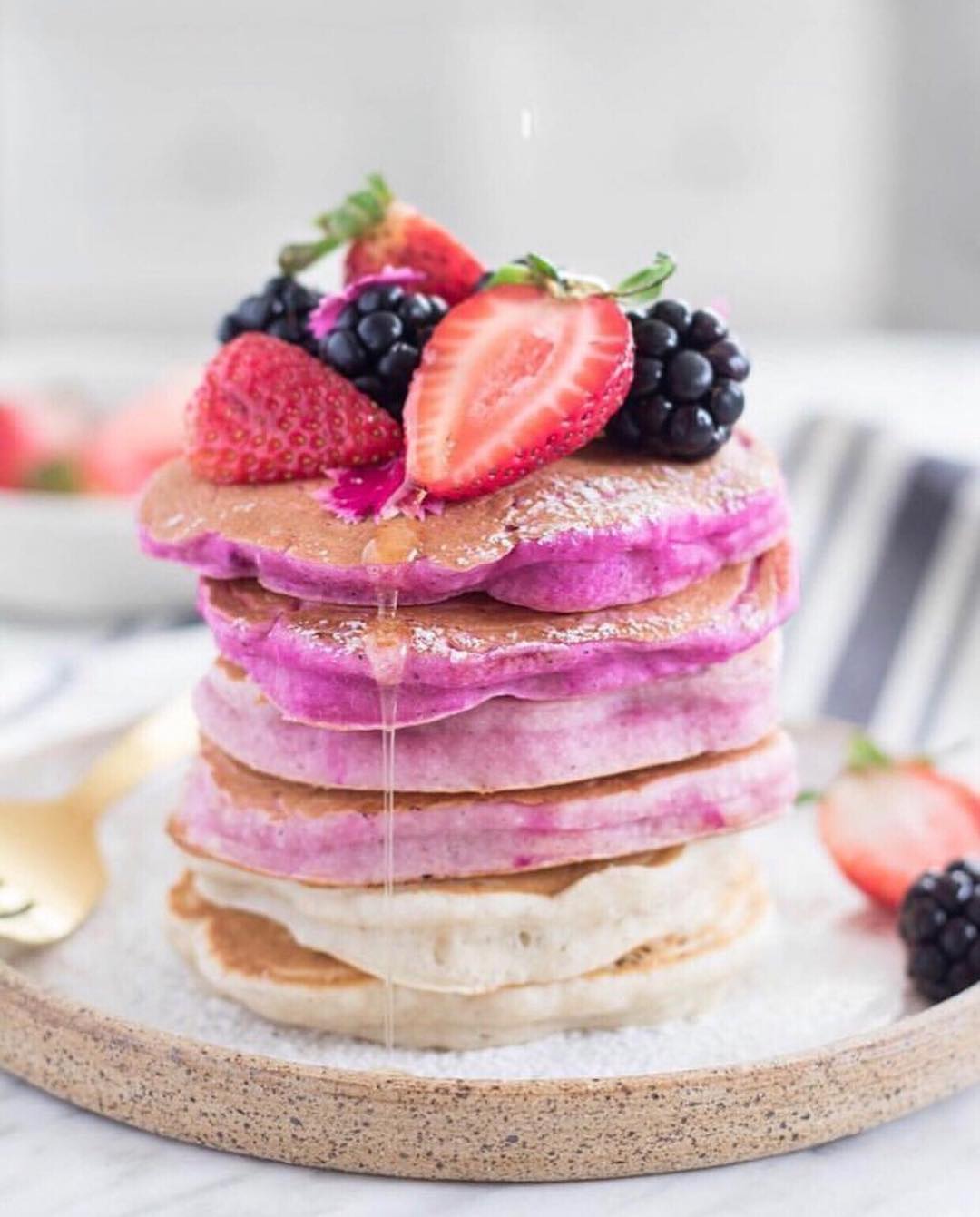 Fluffy Ombre Pancakes with Berries and Syrup