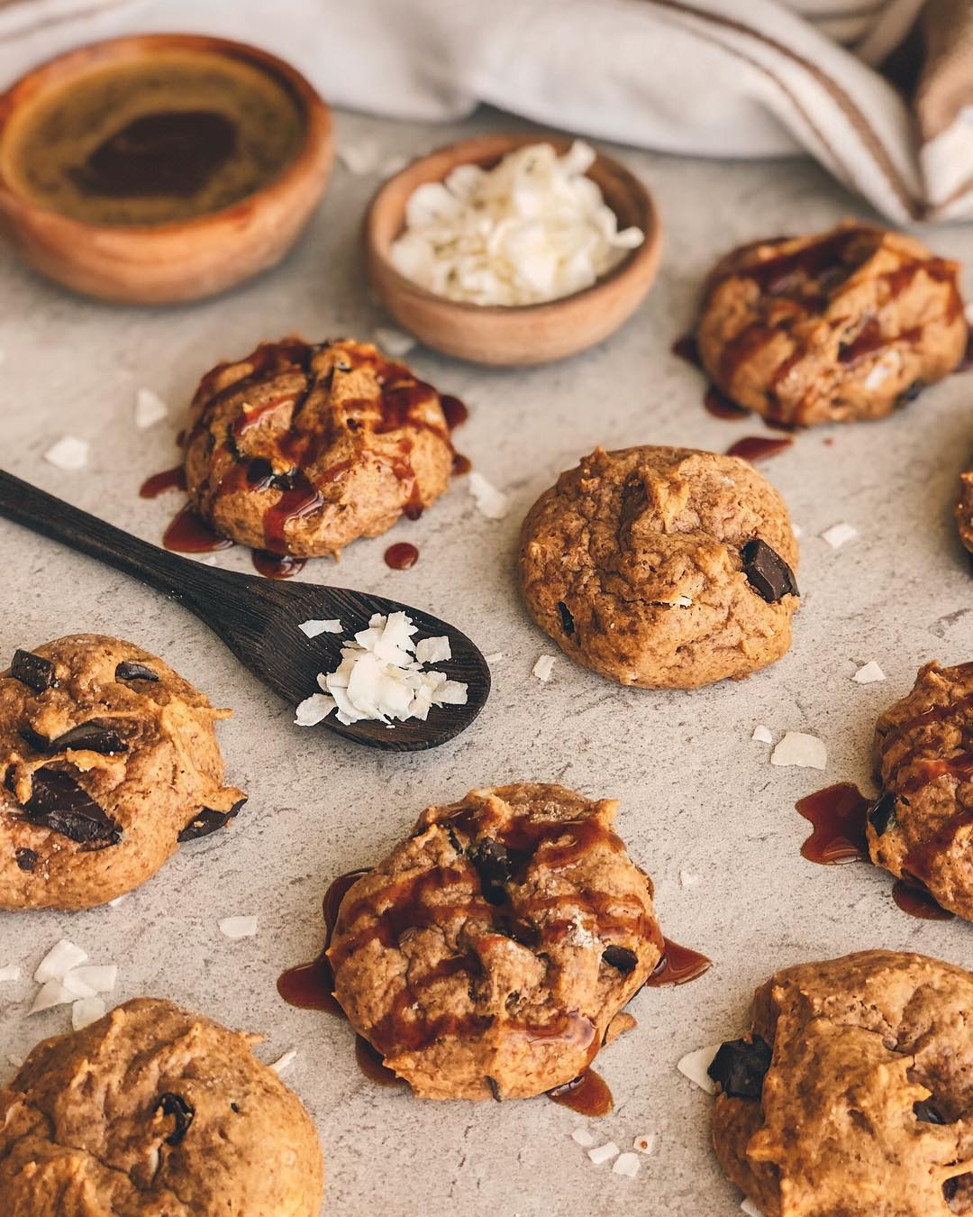 Flourless Chocolate Coconut Cookies with Caramel Drizzle