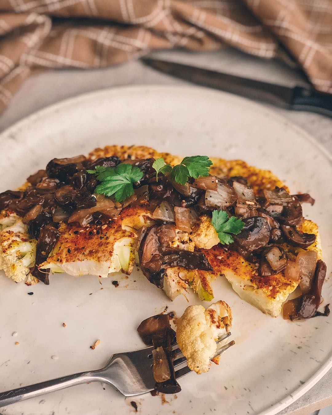 Cauliflower Steak with Sautéed Mushrooms and Onions