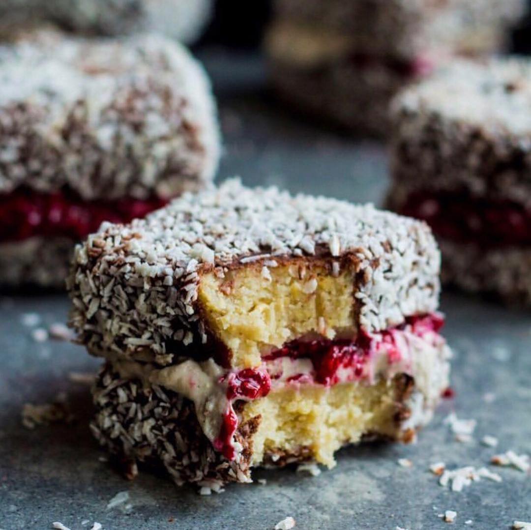 Raw Vegan Lamingtons with Cashew Cream and Raspberry Jam