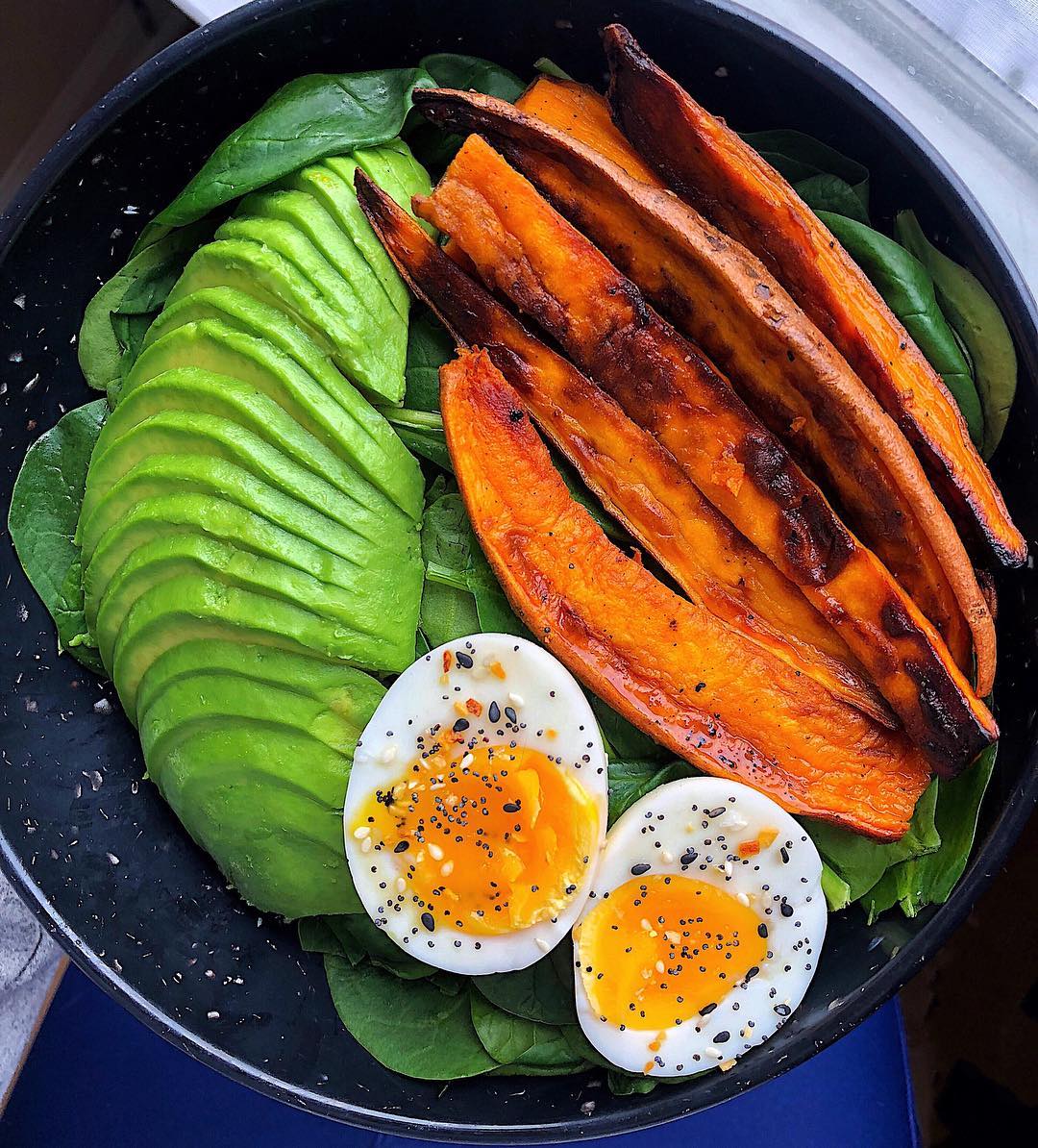 Simple Boiled Egg Breakfast with Sweet Potato Fries and Avocado