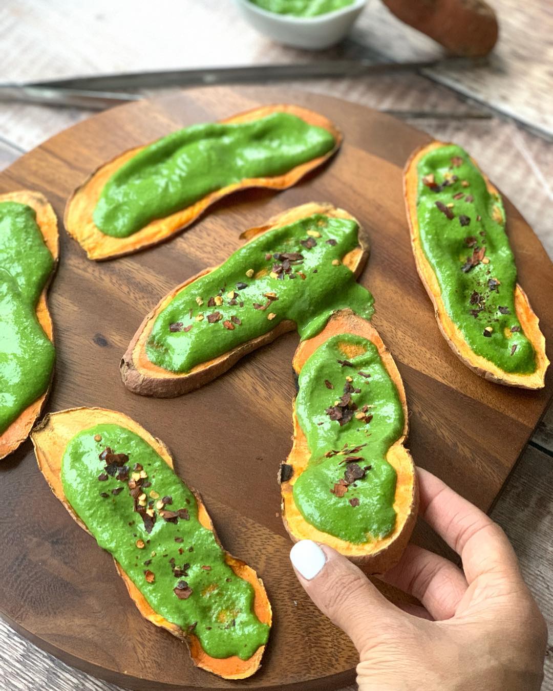 Sweet Potato Toast with Spinach Basil Pesto