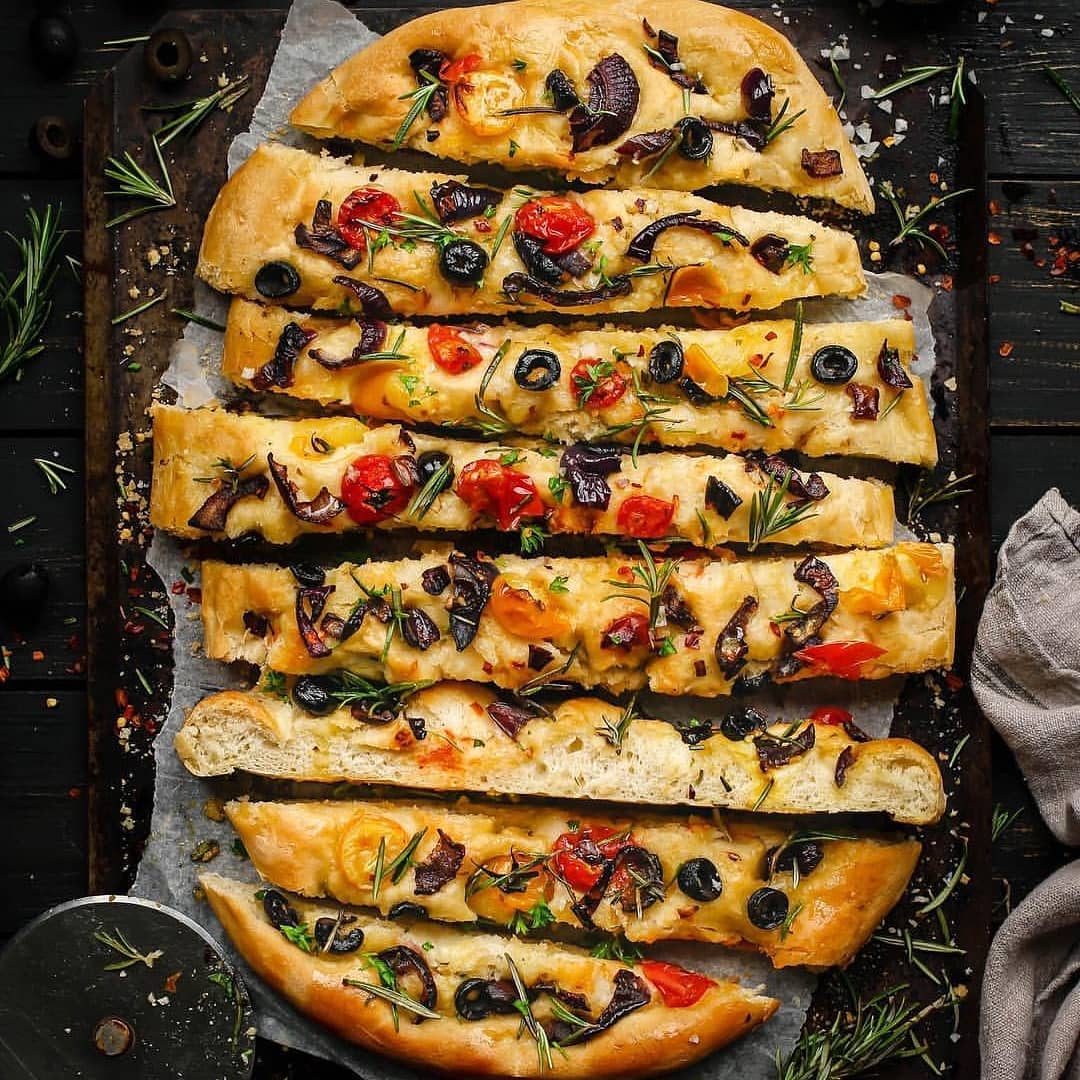 Soft Pillowy Pizza Focaccia with Tomatoes and Olives