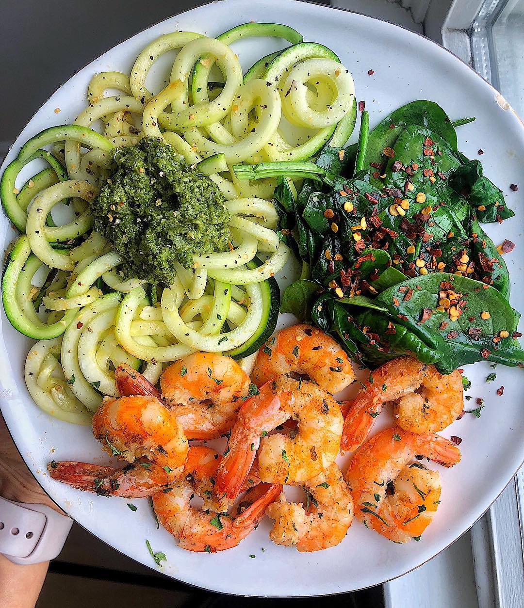 Leftover Lemon Garlic Shrimp, Zoodles with Pesto, and Spinach with a Little Spicy Red Pepper Flakes