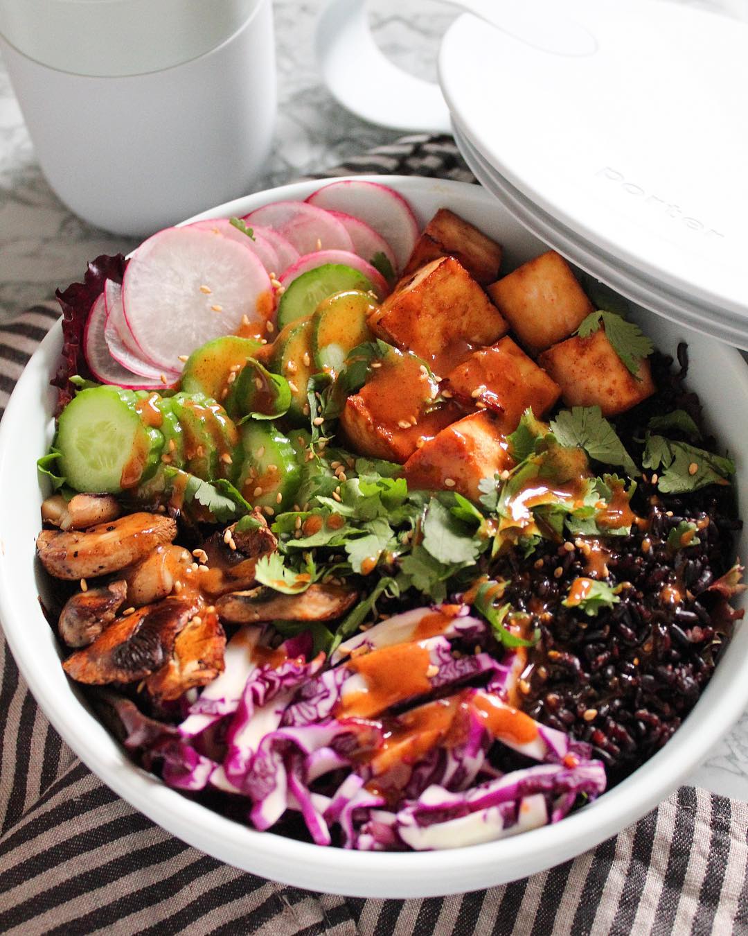 Spicy Tofu and Rice Bowl with Almond Butter Dressing