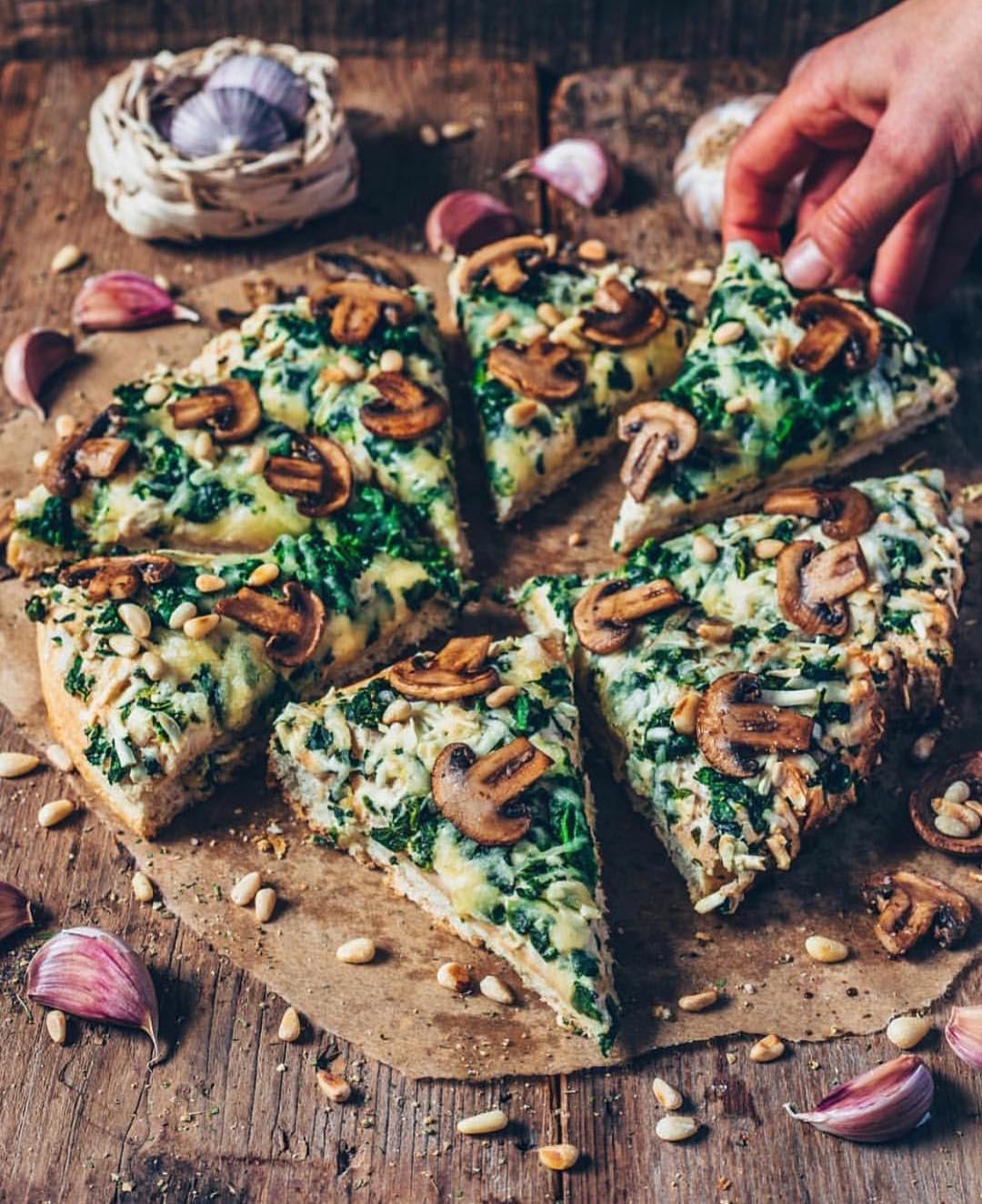 Vegan Cheesy Garlic Mushroom and Spinach Pizza
