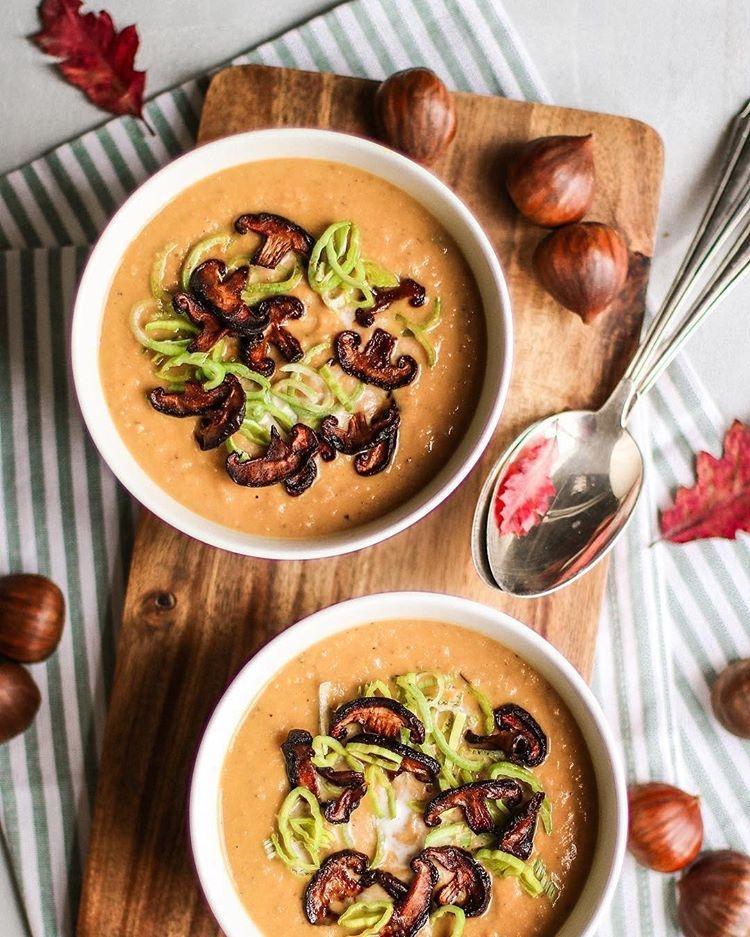 Creamy Chestnut Soup with Shiitake Bacon