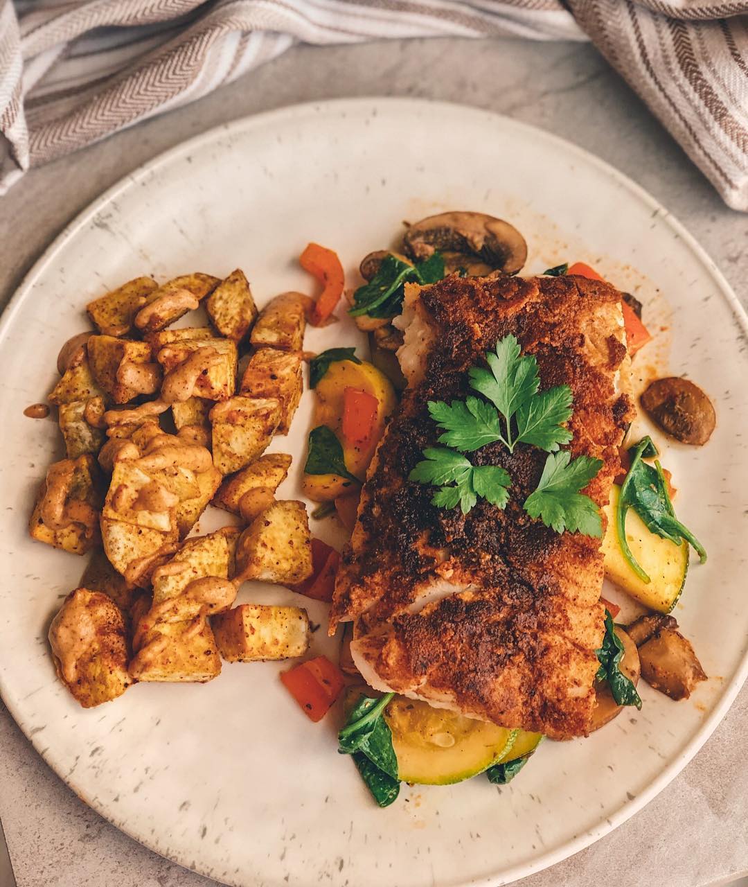 Baked Cod with Mexican Tahini Sauce and Vegetables