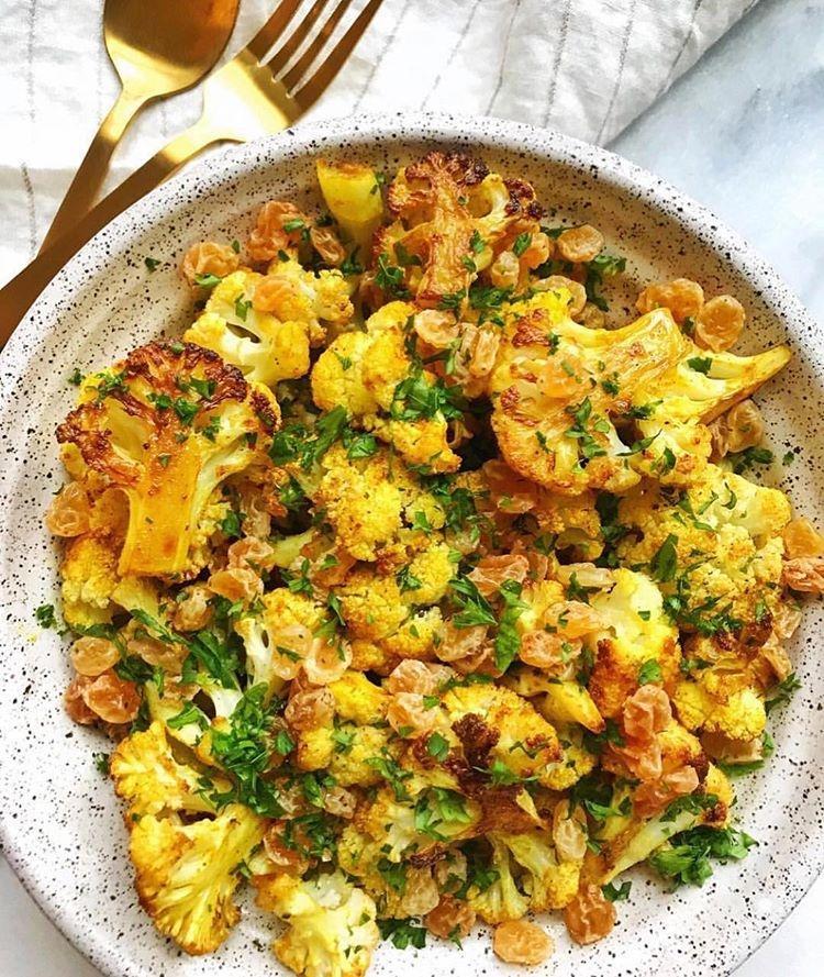 Curry Turmeric Cauliflower with Ginger and Raisins