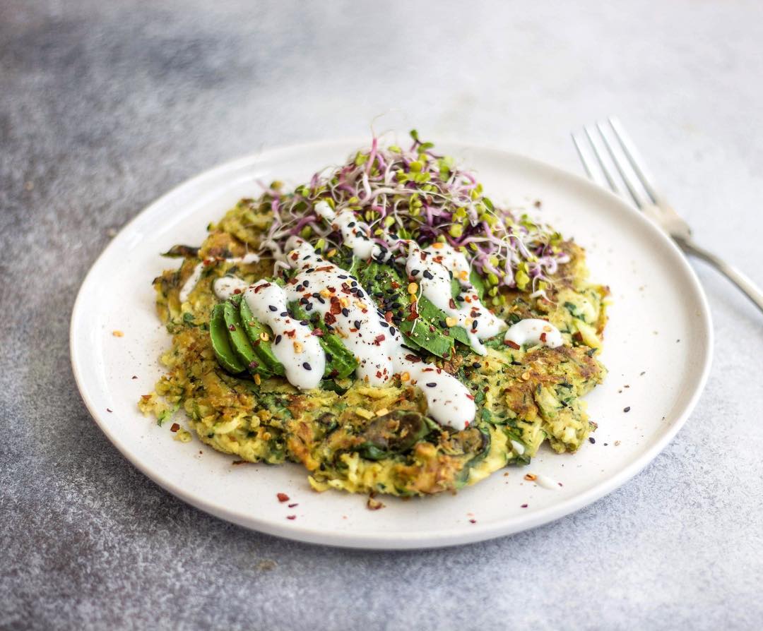 Courgette Spring Greens Mint Pancake with Avocado Topping