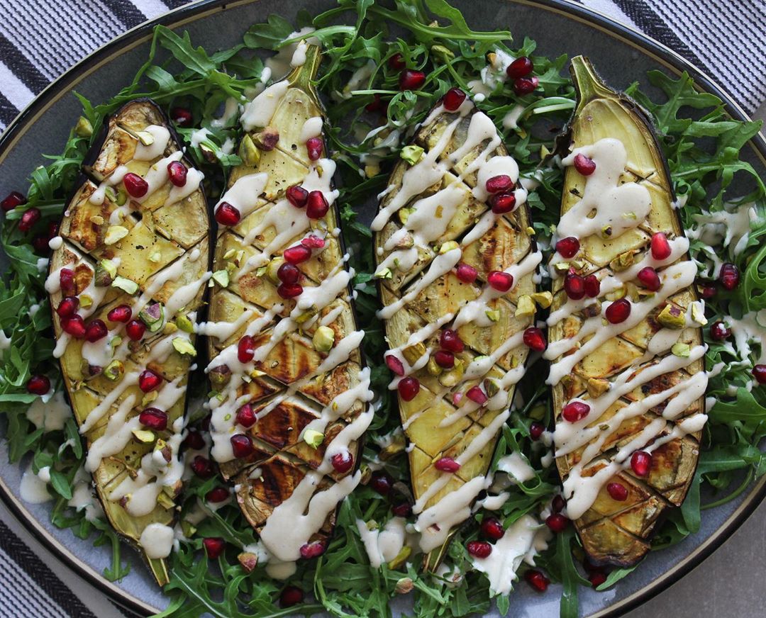 Roasted Eggplant with Tahini and Pomegranate Seeds