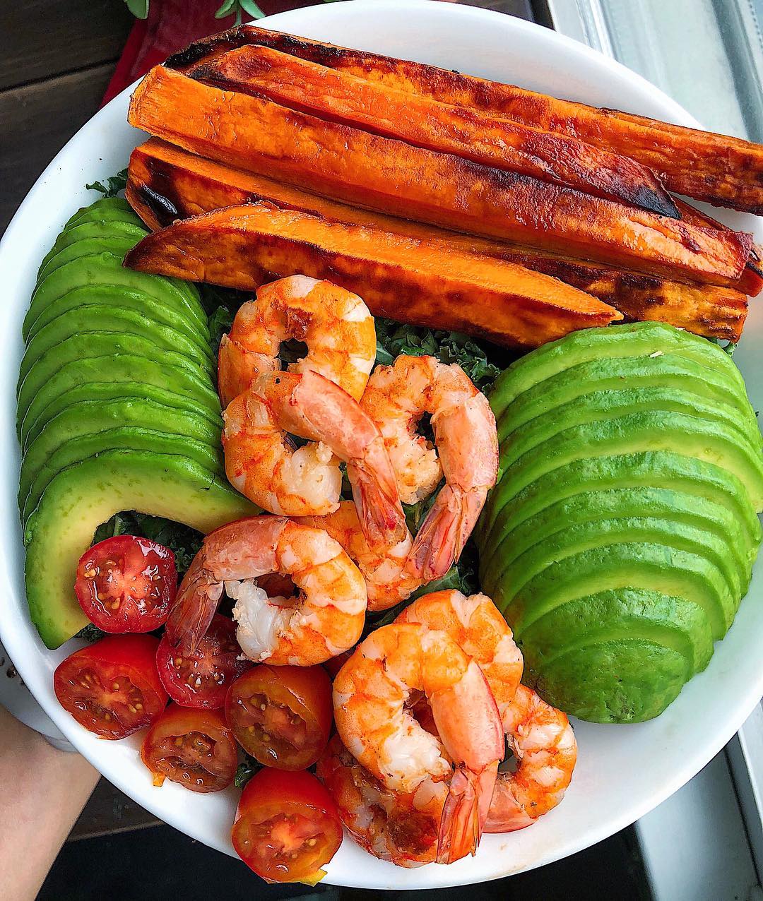 Buttery Shrimp with Sweet Potato Fries and Avocado