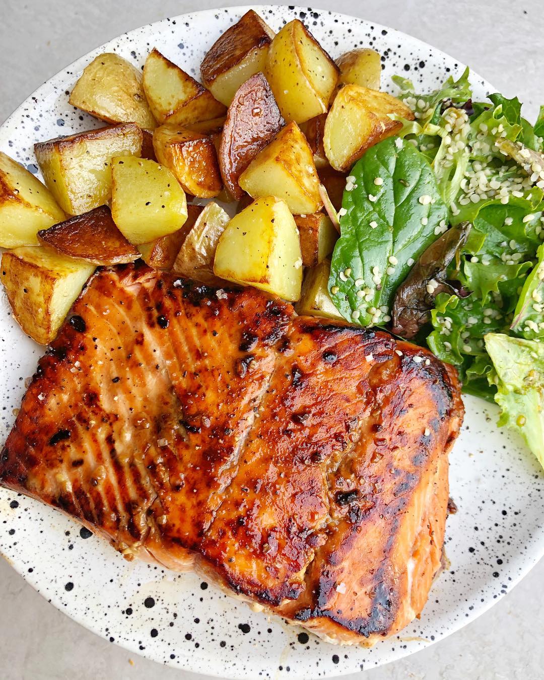 Honey Garlic Sesame Salmon with Pan Fried Potatoes
