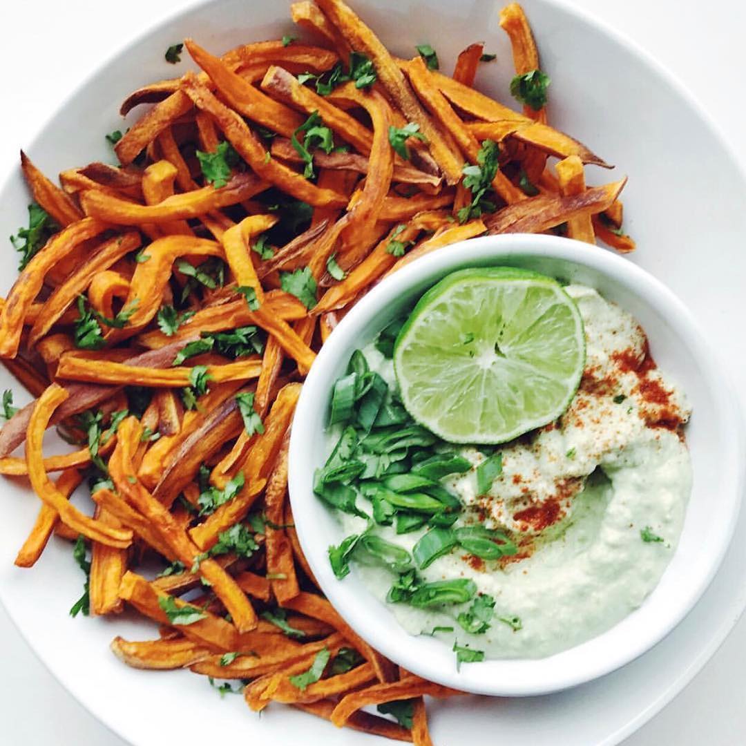 Baked Sweet Potato Fries with Avocado Cashew Sauce
