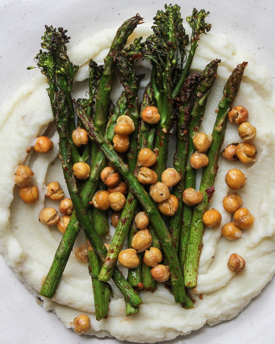 Spicy Harissa Roasted Broccoli and Asparagus with Cauliflower Puree