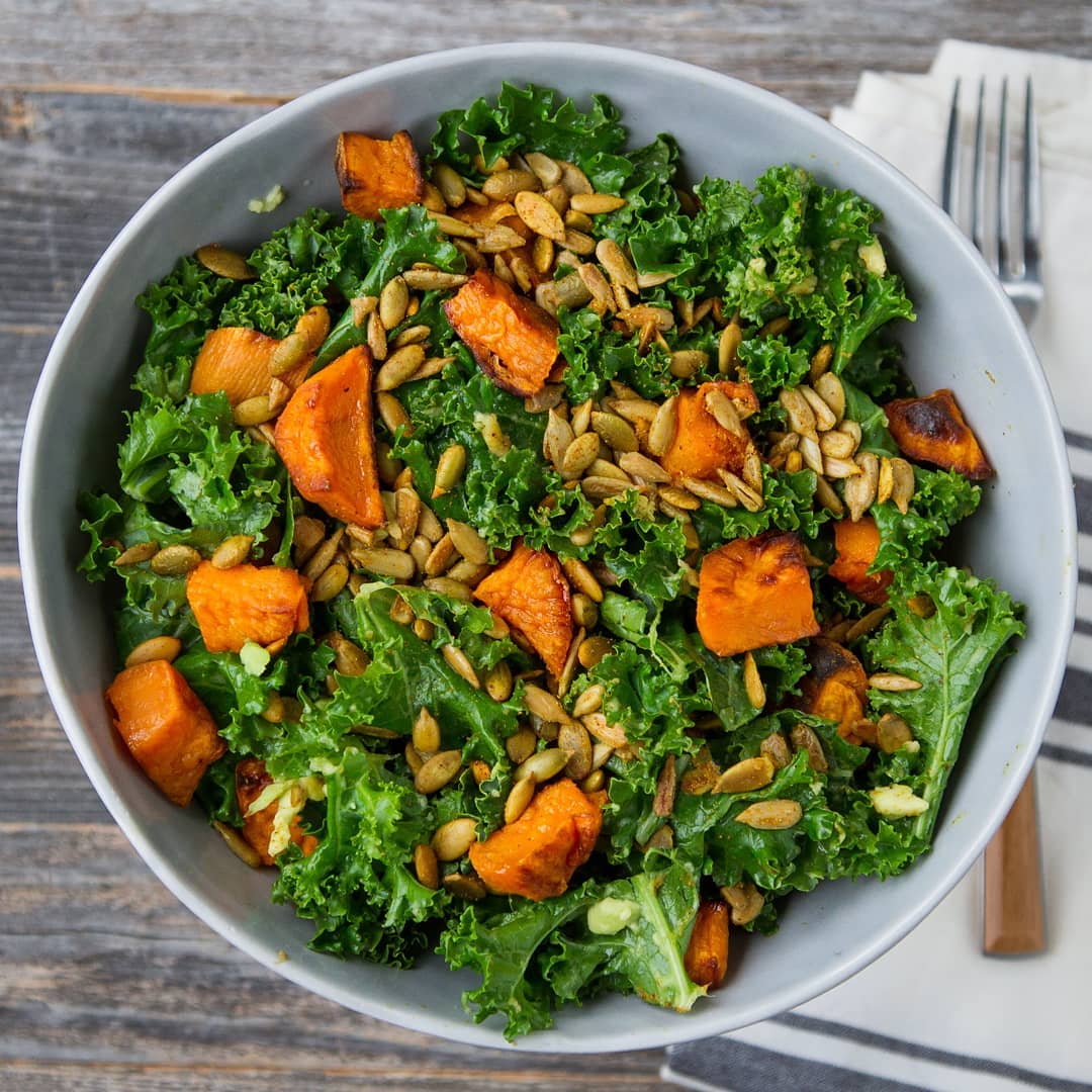 Avocado Kale Salad with Roasted Sweet Potatoes
