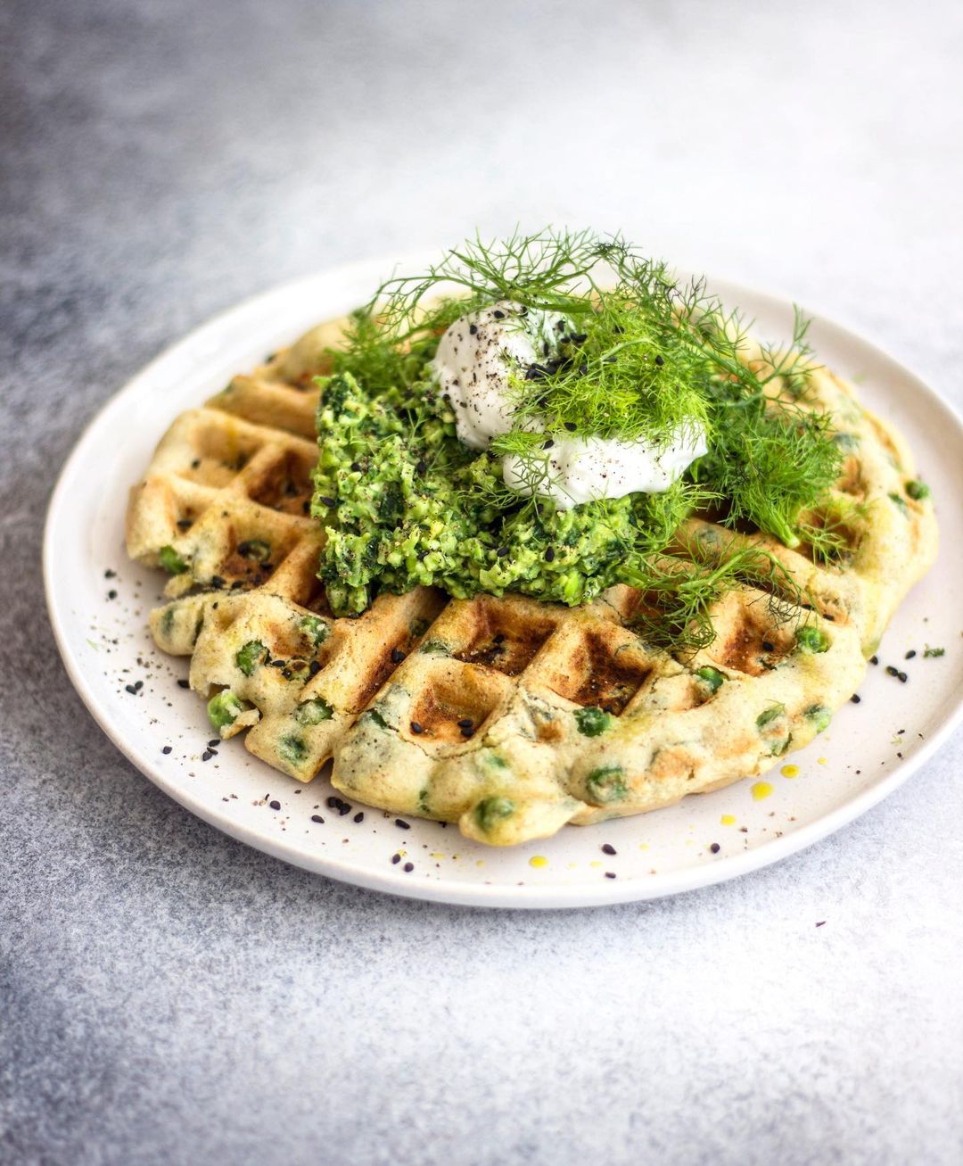 Buckwheat Almond Flour Waffles with Smashed Greens
