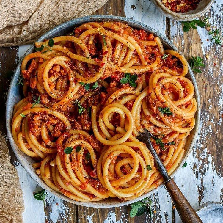 Bucatini with Soy Mince Bolognese Sauce