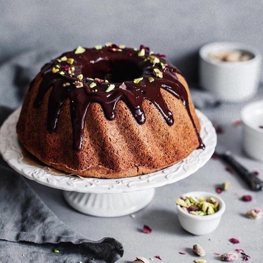 Vegan Pistachio Bundt Cake with Chocolate Glaze