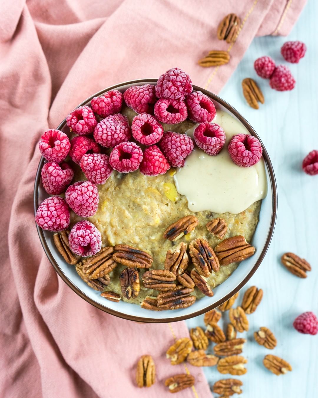 Apple Cinnamon Oatmeal with Raspberries and Pecans