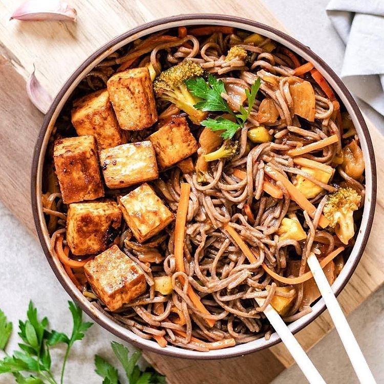 Sweet and spicy noodles with miso tofu