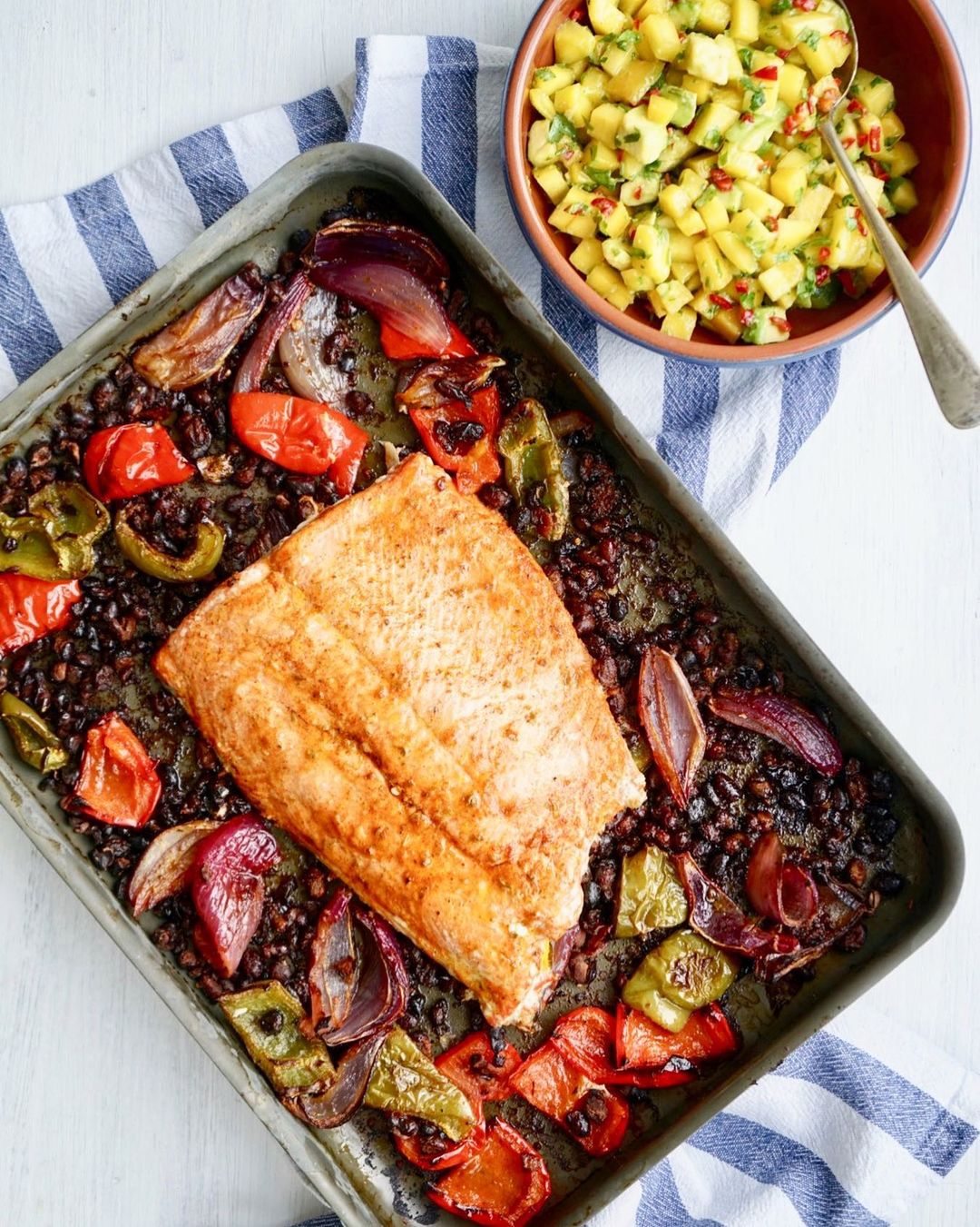 Blackened roast salmon with avocado and mango salsa