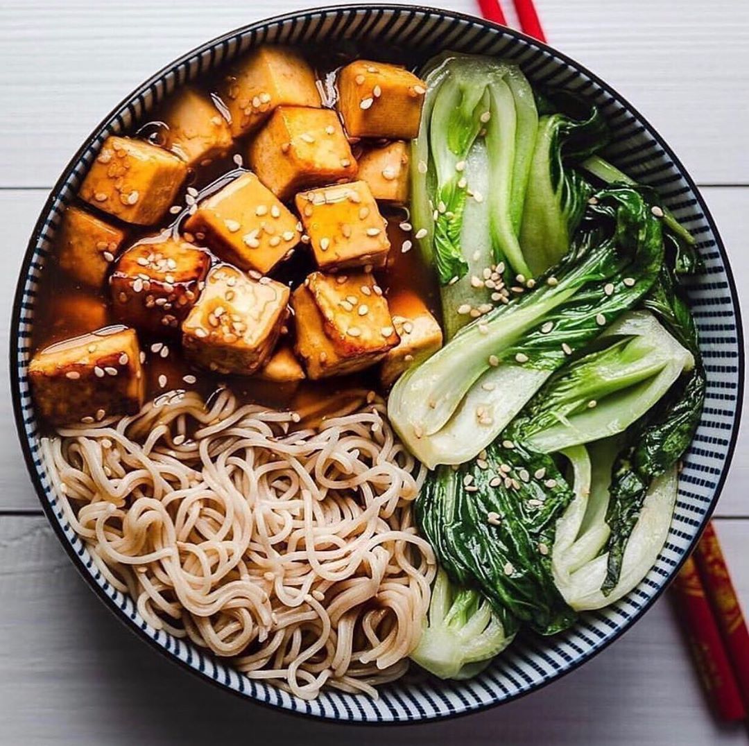 Pineapple Sweet Sour Crispy Tofu with Bok Choy and Ramen