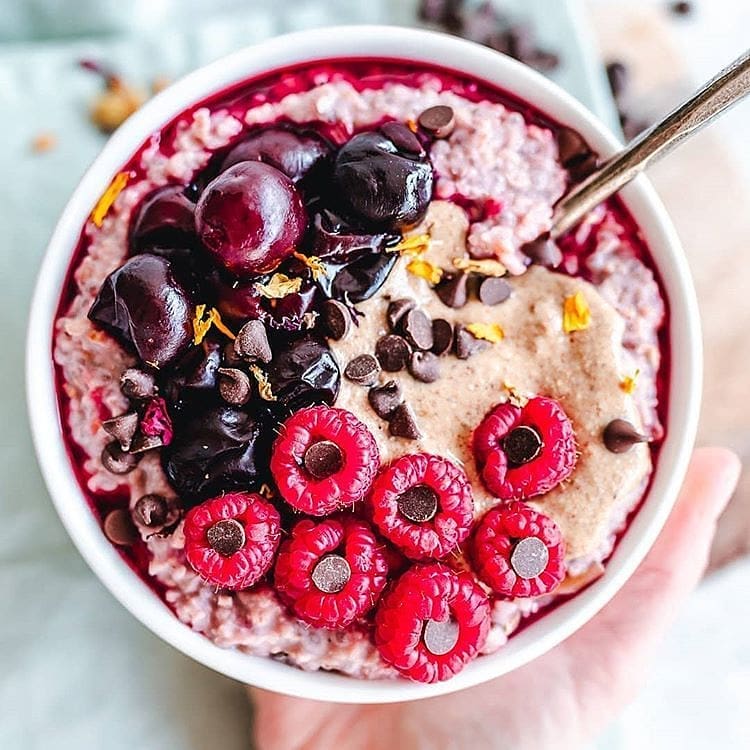 Warm Raspberry Oatmeal with Chia and Dates