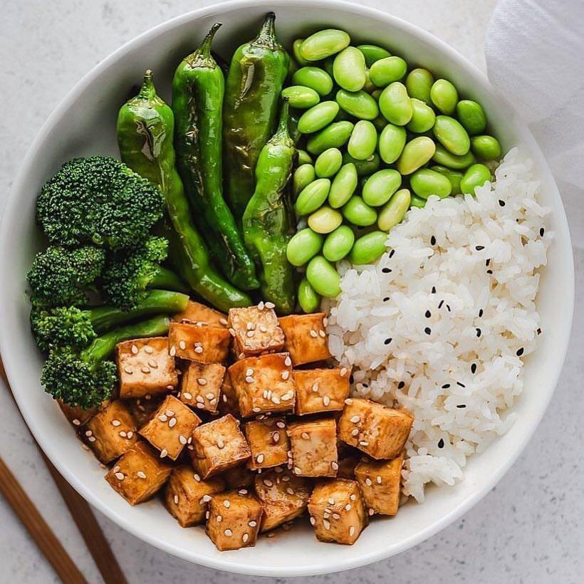 Miso Glazed Tofu Bowl with Shishito Peppers