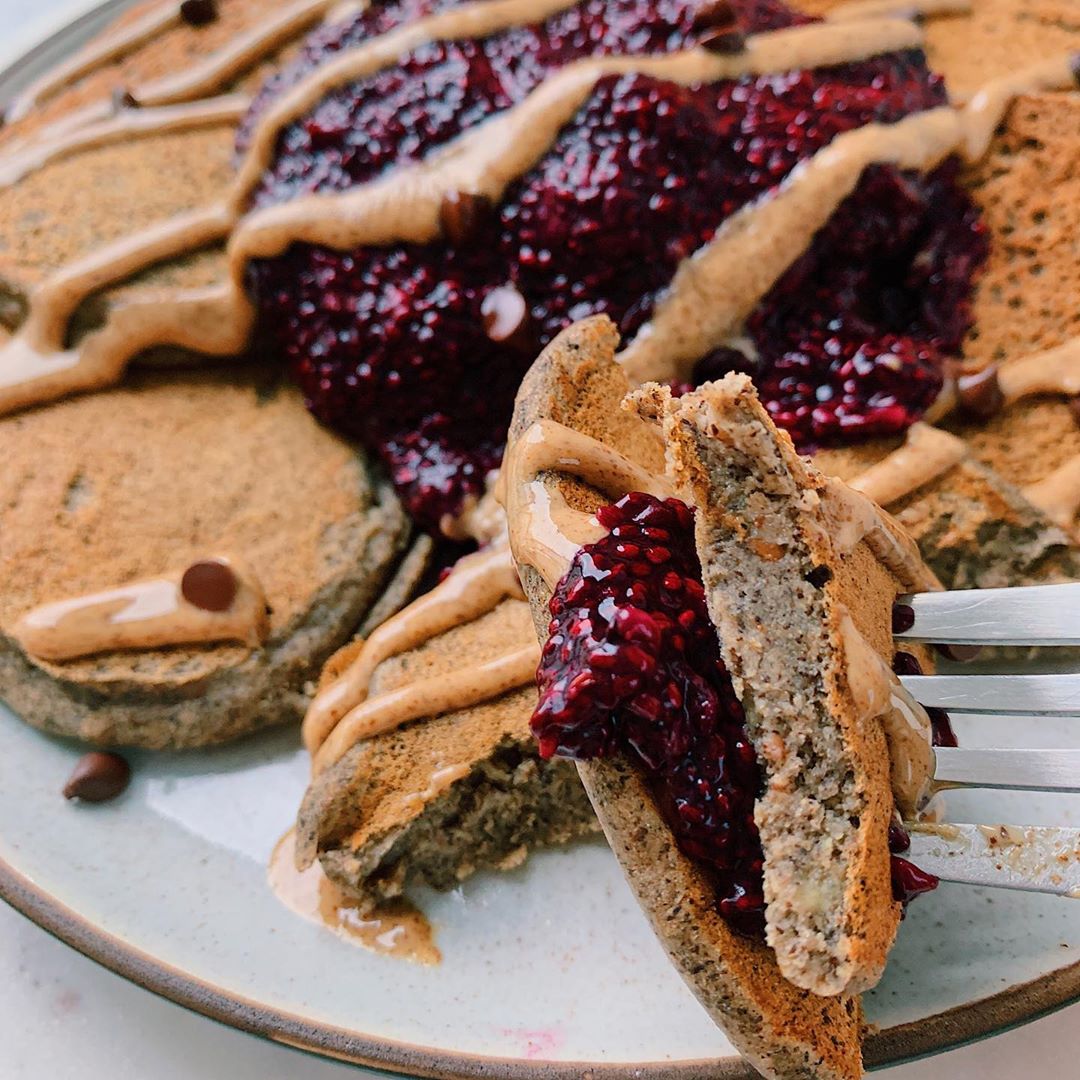 Vegan Almond Butter and Chia Jam Pancakes