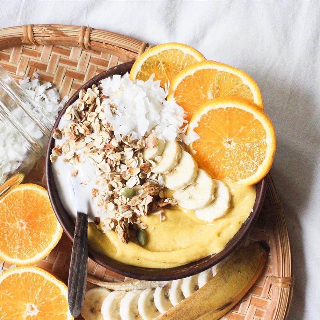 Tropical Smoothie Bowl with Bananas and Mango