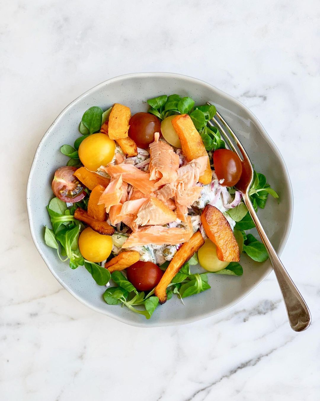 Smoked Trout with Roasted Squash and Cucumber Dill Salad