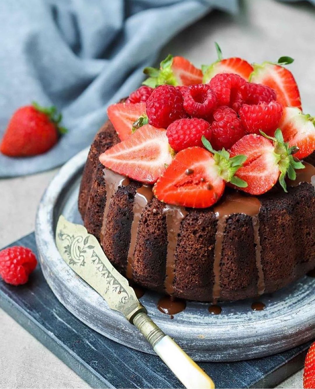 Vegan Chocolate Cake Topped with Strawberries