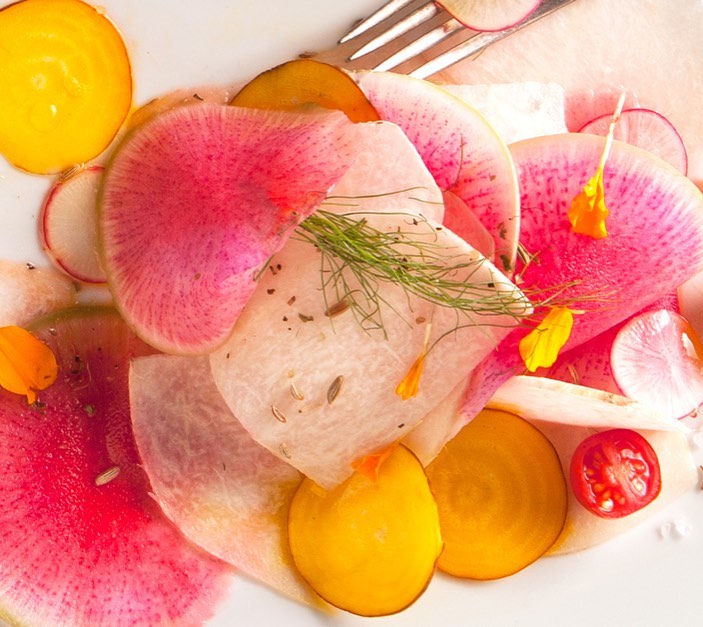 Shaved Jicama, Watermelon Radish and Beet Salad
