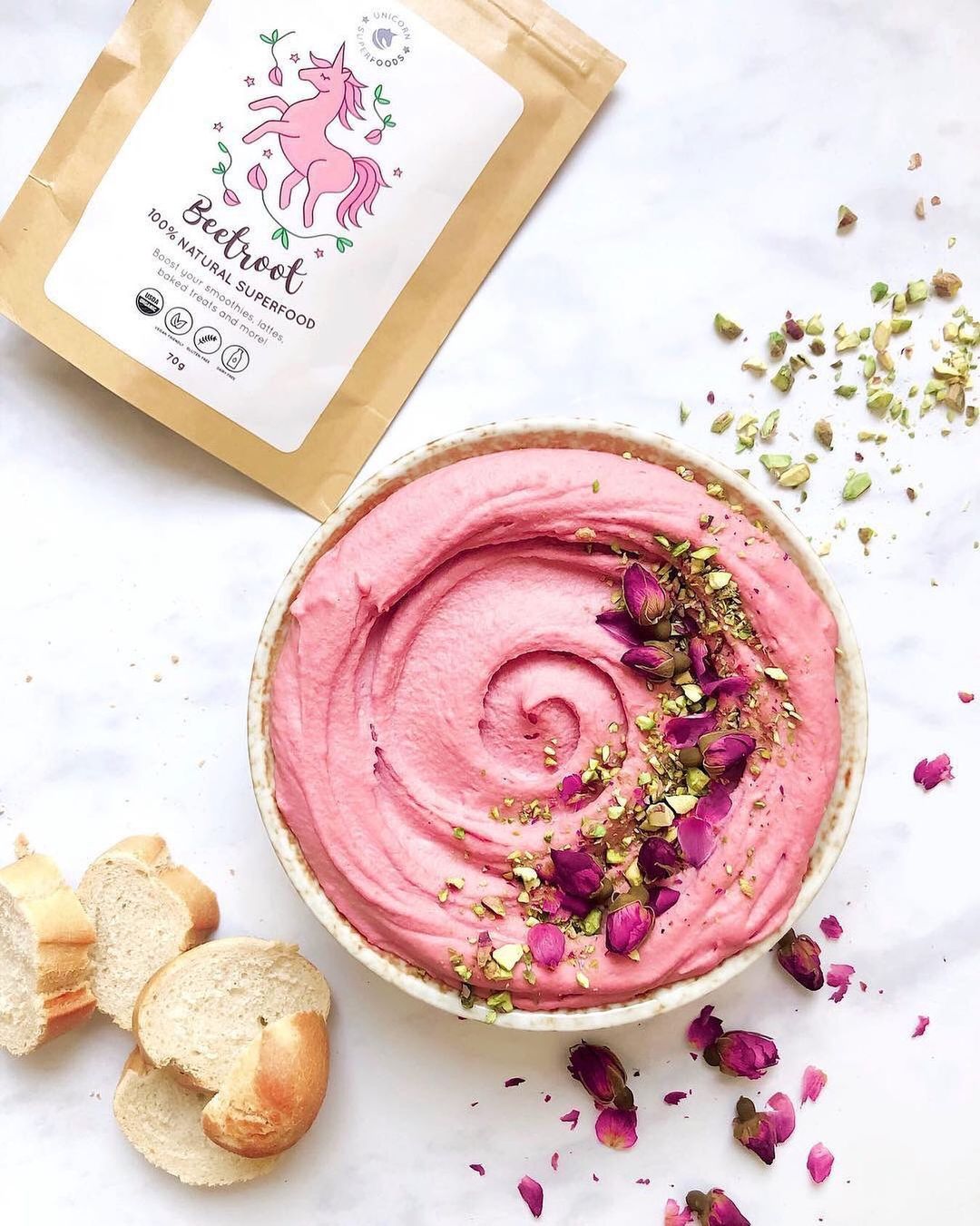 Beet Hummus with Pistachios and Rose Petals