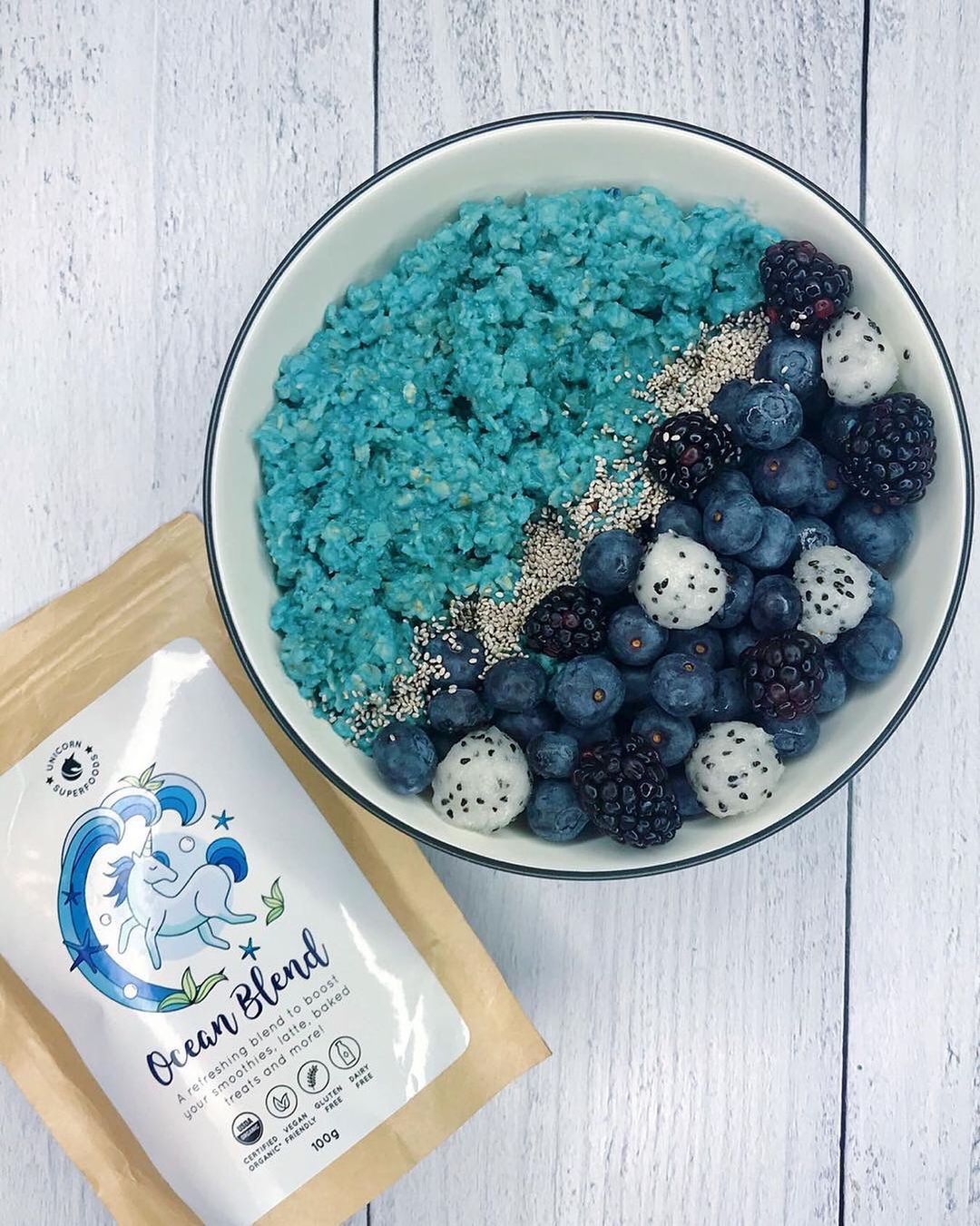 Blue Oatmeal Bowl with Ocean Blend and Fruits