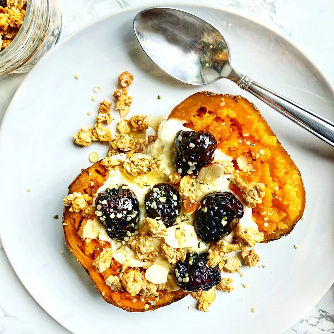 Loaded Sweet Potato with Yogurt Berries and Granola