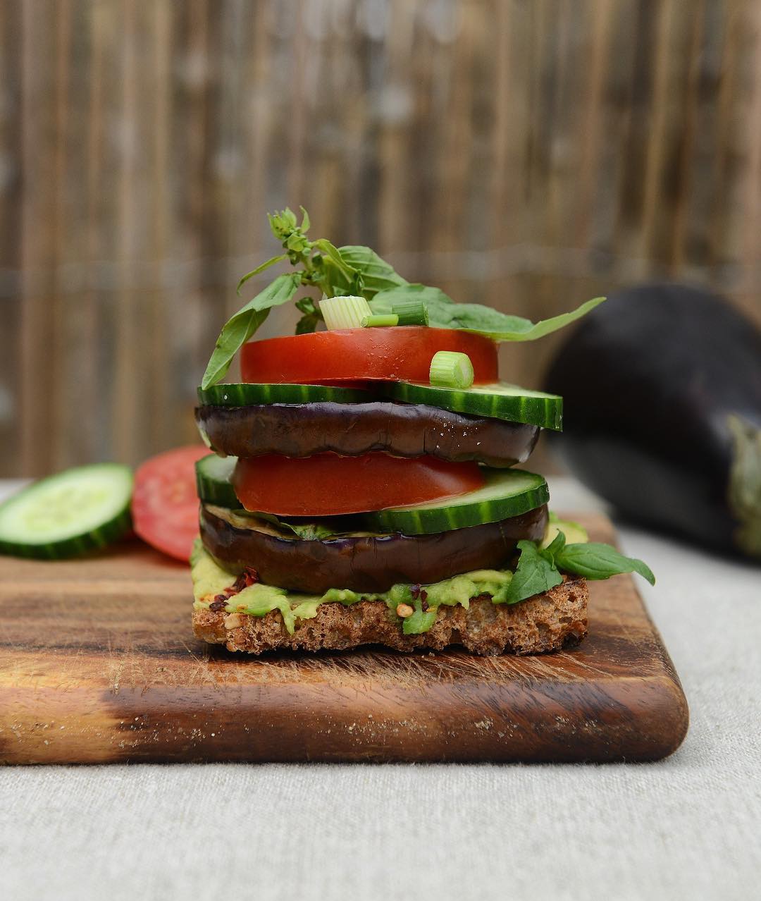 Grilled Aubergine and Chilli Avocado on Rye Toast