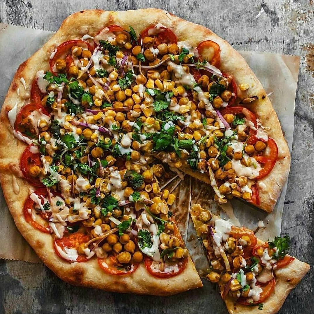 Creamy Garlic Tahini Chickpea and Corn Pizza