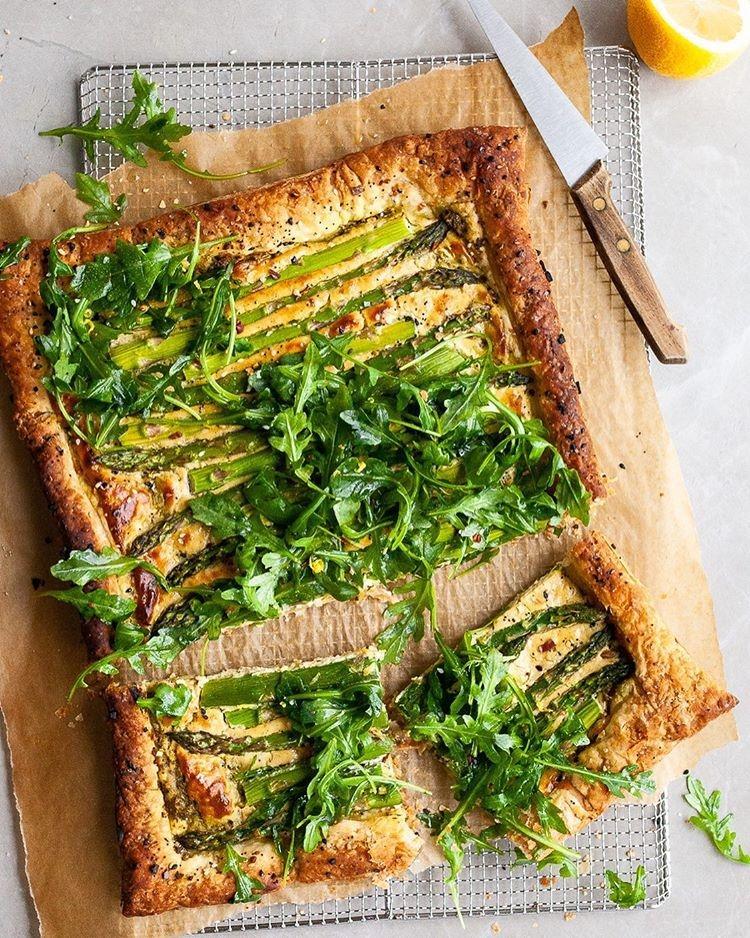 Vegan Asparagus and Pesto Cashew Cheese Tart with Lemon Arugula